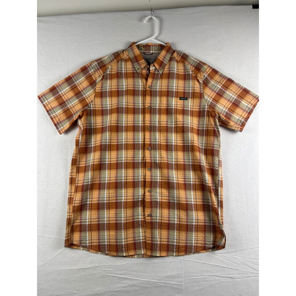 Eddie Bauer Mens XL Classic Plaid Short Sleeve Button Down Shirt Orange Brown